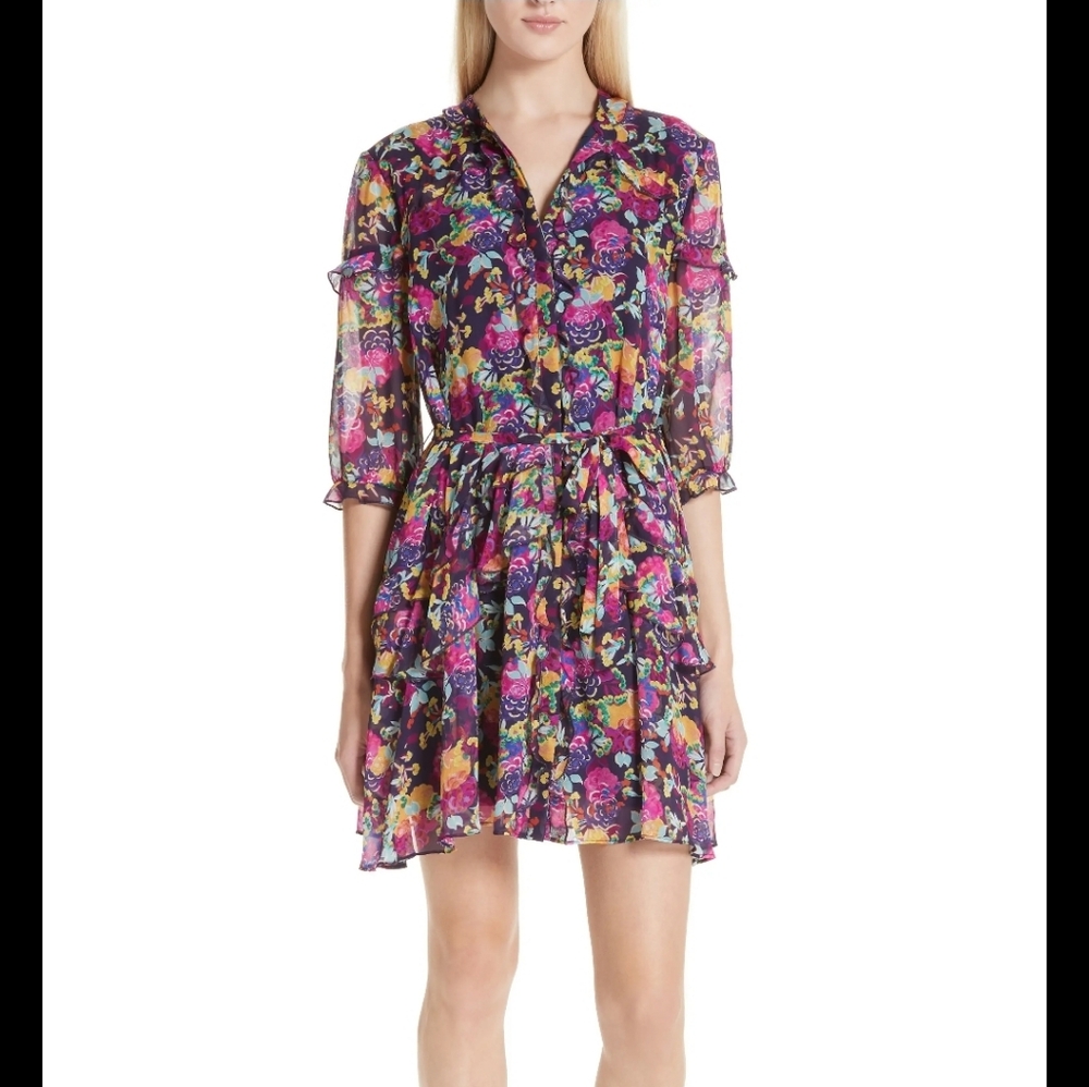 SALONI Tilly Ruffle Floral Print Silk Belted Romantic Mini Dress Size 4 - Picture 2 of 13